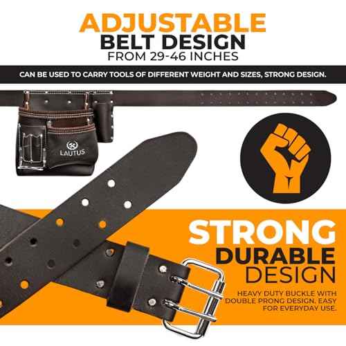 LAUTUS 5 Pocket Oil Tanned Leather Tool Belt - Multifunctional Tool Pouch/Bag/Apron Carpenter, Construction, Framers, Handyman, Electrician | 30-Inch to 46-Inch | Brown| Hammer Holder| Built Tough|