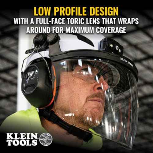 Klein Tools Face Shield for Safety Helmet and Cap-Style Hard Hats, Impact Rated, Anti-Fog, Low-Profile Design for Grinding