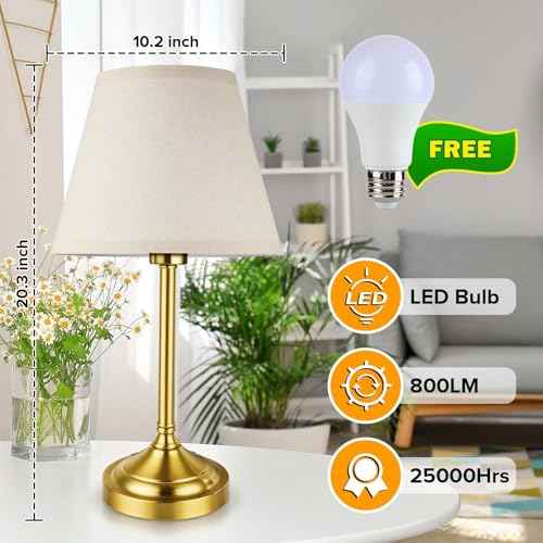 Touch Control Gold Table Lamps Set of 2, 3-Way Dimmable Bedside Lamps with LED Bulbs for Nightstands Bedroom Living Room Office