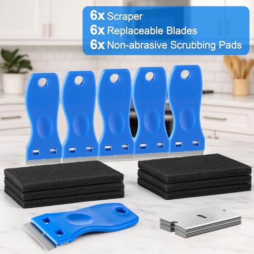 Glass Stove Top Scraper and Non Abrasive Cook top Scrubbing Pads Kit with Extra Replacement Blades, Razor Blade Scraper Cleaning Tools for Oven, Kitchen, Windows, Paint Removal and Adhesive Residues