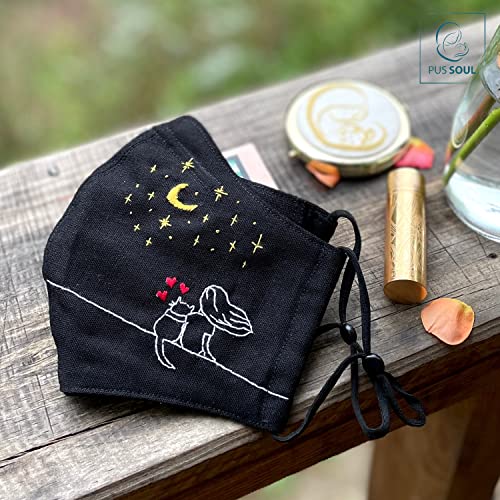 2 PCS | HANDMADE REUSABLE FACE MASK for Cat Lovers - A Black Washable Linen Cloth Face Masks Pack with Hand Embroidery Cat-loving Décor, Build-in Nose Wire & Breathable Designs – from PUSSOUL