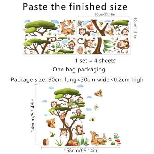 66.14 x 57.48 Inch Large Jungle Green Tree Wall Stickers Wild Monkey on The Tree Branches Wall Decals DIY Safari Sika Deer Owls Squirrels Grass Animals Decor for Kids Baby Bedroom Living Room Nursery