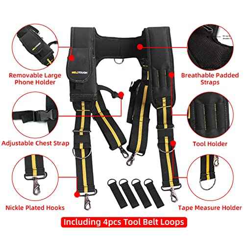 MELOTOUGH Suspenders Tool Belt Suspenders with Large Moveable Phone Holder, Pencil Holder, Adjustable Size Padded Suspenders¡¦