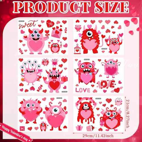 Haull 89 Pcs Valentine's Day Wall Decals Monster Stickers Valentines Day Window Clings Valentine Heart Wall Decoration for Wedding Anniversary Living Room Bedroom Decoration, 6 Sheets