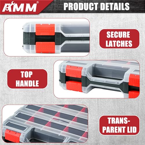 AMM Tool Box, Double Side Tool Box Organizer with 34 Compartments, Removable Dividers, Tackle Box Small Parts Screw Hardware Organizer for Screws, Nuts, Nails and Bolts (2 Piece, Red)