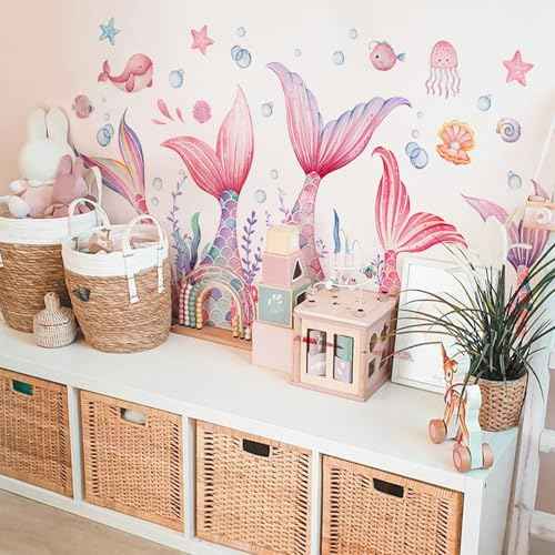 Mermaid Tail Wall Stickers, Sunoyar Colourful Mermaid Foam Wall Decals for Girls Kids, Removable Sea Marine Theme Mural Decor for Daycare Bedroom Bathroom (Pink)