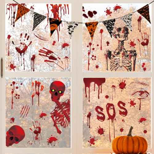 Halloween Wall Decals Bloody Handprint Footprint Wall Stickers Scary Halloween Decorations Spooky Window Stickers Removable Vinyl Wall Art Decal for Bathroom Living Room