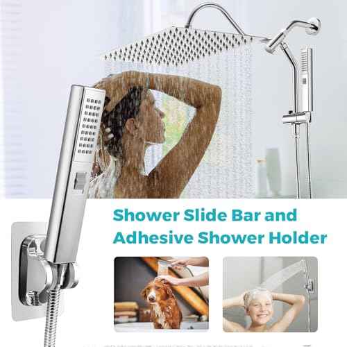 Shower Head, 12" Luxurious All Metal Rectangular Rain Shower Head with Handheld, High Pressure Rainfall Shower Heads wih Extension Arm Wide Dual Showerhead with Spray Combo Bathroom Accessories Chrome