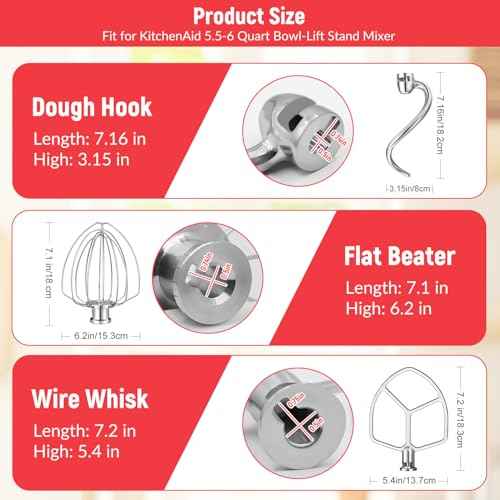 Kitchen Mixers Accessories for KitchenAid Mixer, 6 QT Dough Hook K256WW Wire Whip and Flat Blade Paddle Stainless Steel Attachments for Kitchen aid 5.5-6 Quart Tilt-Head Aid Stand Mixer