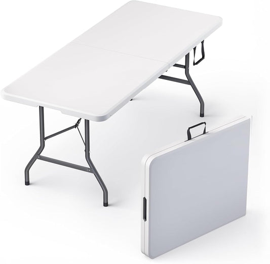 6ft Portable Folding Table Heavy Duty – White Plastic Picnic Party Table with Handle for Camping, Backyard BBQ, Vendor Events, Christmas Use