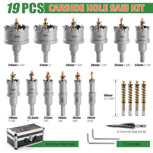 Carbide Hole Saw Kit for Metal, 17PCS (9/16" - 2 1/8") Tungsten Hole Saw with M2 High-Speed Steel Step Drill Bit, Carbide Hole Cutter Drill Bits Set for Metal, Stainless Steel, Wood, Iron, Plastic