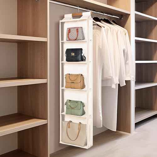 Syeeiex Hanging Handbag Purse Organizer with Zippers, 5 Mesh Shelves,Clear Slubbed Fabric+PVC Hanging Closet Bag Organizer, Dustproof Handbag Closet Tote Storage Bag for Door, Wardrobe, Beige