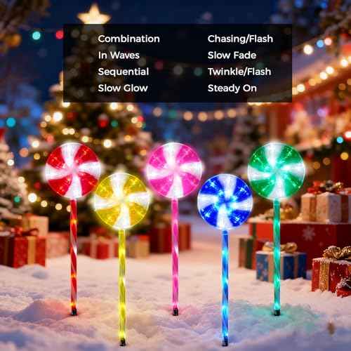 BRIGHTDECK Lollipop Solar Christmas Pathway Lights Outdoor, 10 Pack LED Christmas Decor with 8 Lighting Modes, Light Up Solar Stake Lights for Holiday, Xmas, Walkway, Sidewalk (Multicolour, 10 PCS)