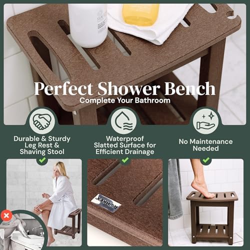 Waterproof Corner Shower Stool - Shower Bench (Dark Brown) - Adjustable Feet for Any Surface - Waterproof Slatted Surface for Efficient Drainage - No Maintenance Needed