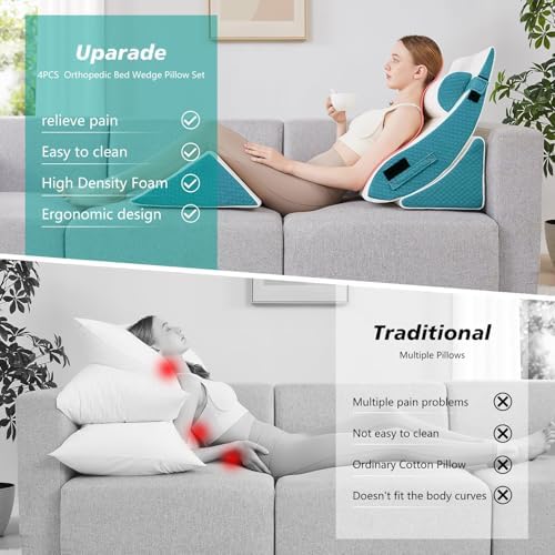 Orthopedic Bed Wedge Pillow Set for Sleeping 4 PCS - Adjustable Triangle Pillow for Neck Leg Support with Washable Cover - 35D Foam Wedge Pillow Post Surgery for GERD & Snoring (White Blue)