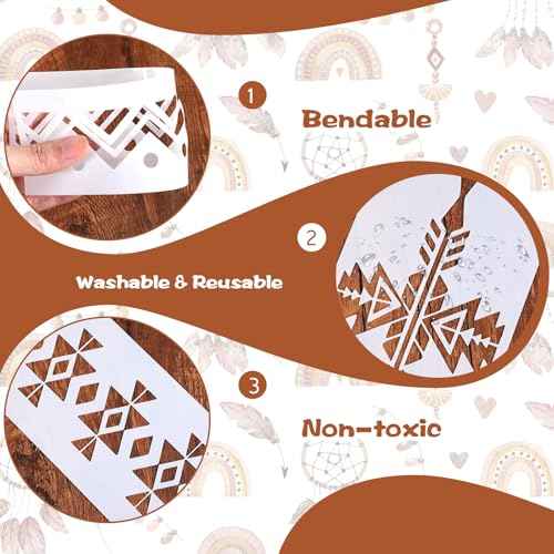 12 Pcs Boho Borders Pattern Stencil, Reusable Aztec Stencils for Painting on Wood, Wall Stencils for Painting Large Pattern, Geometric Templates for Canvas, Furniture, Crafts, Home Decor