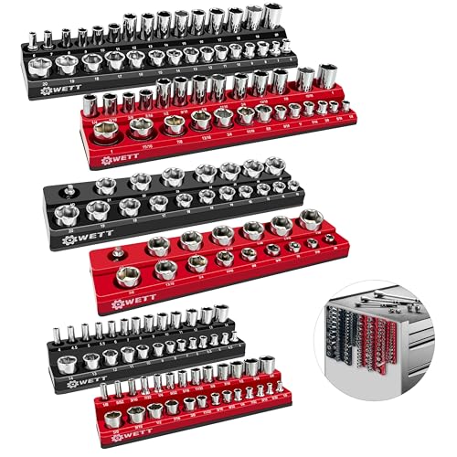 WETT Magnetic Socket Organizer Set, 6-Piece Socket Holder Set, 1/4", 3/8", 1/2" Drive Magnetic Sockets Trays, Holds 143pcs SAE & Metric, Standard Shallow and Deep Size Sockets (Socket not Included)