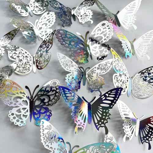72PCS Silver Butterfly Wall Sticker Decal 3D Metallic Art Butterfly Mural Decoration DIY Flying Stickers for Kids Bedroom Home Party Cake Nursery Classroom Offices D?cor (Silver)