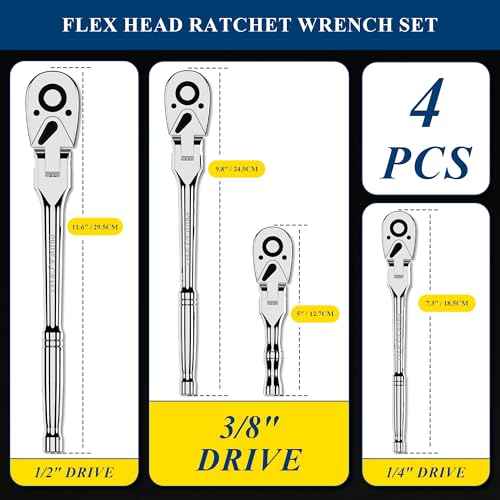 PRIDE&CRAFT 4-Piece Flex Head Ratchet Set, 1/4", 3/8", 1/2" Drive, 3/8" Stubby, 72-Tooth, Socket Wrench Quick Release Reversible Design, Swivel Head Ratchet, Chrome Alloy Made, EVA Organizer
