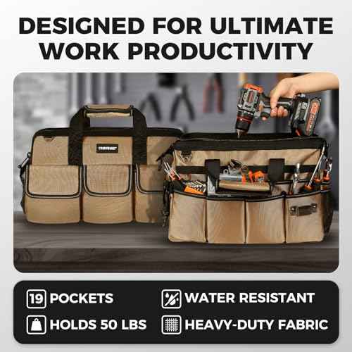 COMOWARE 16" Tool Bag, 19-Pocket Heavy Duty Tool Organizer with Adjustable 51.2" Shoulder Strap, 1680D Oxford Fabric & PVC Coating, Reflective Strips, Tactical Loops, Mechanics, Plumbers, DIY