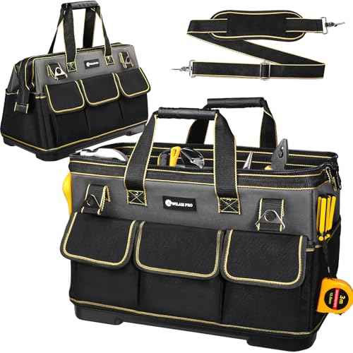 20 in Tool Bag For Men with Waterproof Molded Base, High Capacity Wide Mouth Tote, Construction Worker Electricians Tool Bags, Large Tool Bag Organizer for Men Women (Grey)