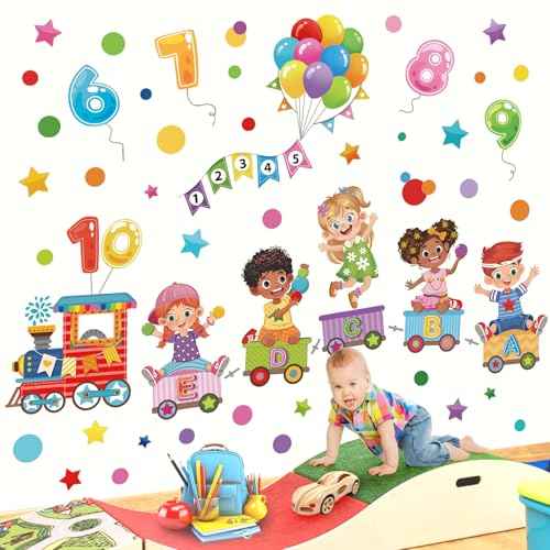 wondever Reading Corner Kids Train Wall Stickers Balloon Number Alphabet Peel and Stick Wall Art Decals for Toddlers Kids Room Classroom Playroom