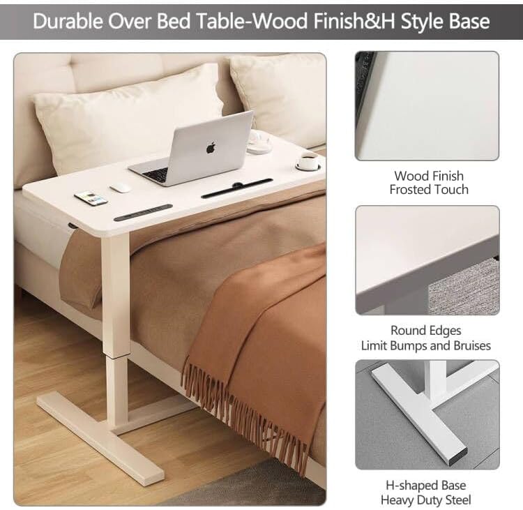 Overbed Table,Hospital Bed Table,Pneumatic Bed Tables Adjustable Over The Bed with Hidden Wheels&USB Port,Mobile Laptop Table Cart and Rolling Bedside Table with Tray Hospital Home Use-White1