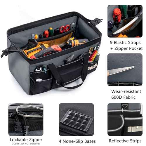 Large Heavy Duty Tool Bag for Men ? 17" Toolbox Organizer with 22 Pockets & Wrench Holder ? Wide Mouth Tool Tote with Anti-Slip Base ? Gift for Handyman, Mechanic, Father's Day