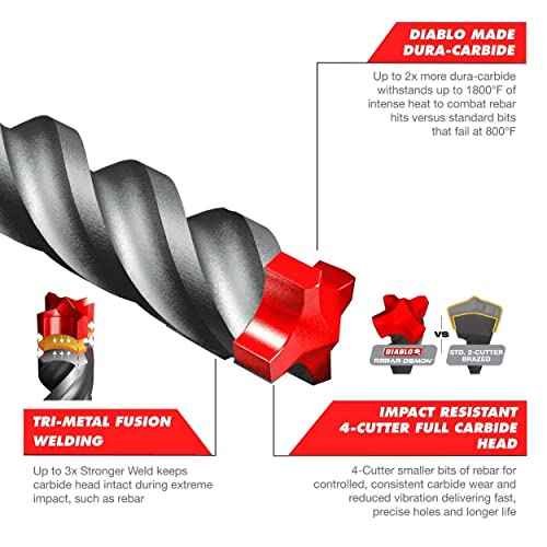 Diablo Rebar Demon SDS-Plus 4-Cutter Full Carbide Head Hammer Drill Bit - 3/8" Diameter, 6" Length, 4" Working Length - DMAPL4140