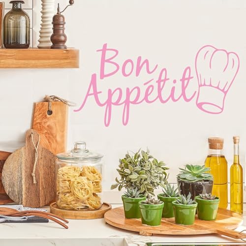 Pink Bon Appetit Kitchen Wall Sticker, Removable Vinyl Decal, Heart Shape, Classic Style, 23.6in x 11.8in