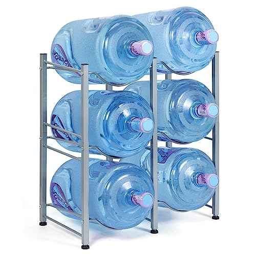 Nandae Water Cooler Jug Rack, 3-Tier Heavy Duty Water Bottle Holder Storage Rack 5 Gallon Water Jug Holder for 6 Bottle, Sliver