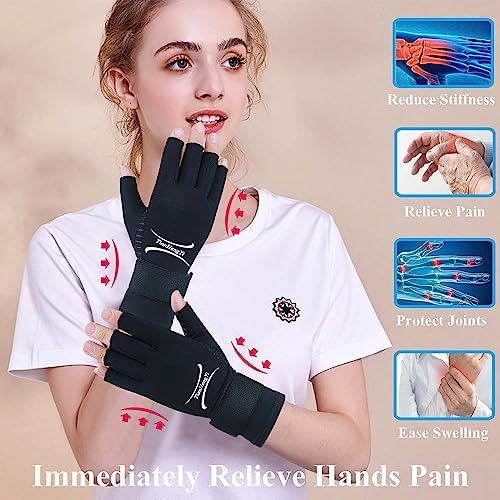 2 Pairs Copper Arthritis Gloves for Women Men, Fingerless Compression Gloves Relieve Hand Pain, Typing Gloves for Arthritis, Carpal Tunnel, Tendonitis, RSI with Adjustable Wrist Strap (Large/X-Large)