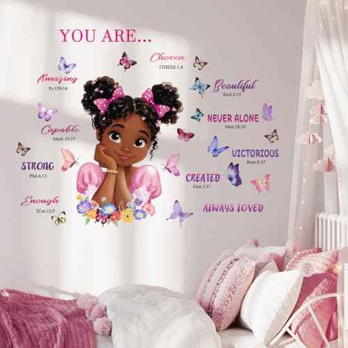 Black Girls Inspirational Wall Decals 44x35in - Pink Purple, Floral Butterfly Scripture Quotes, Peel and Stick Removable for Bedroom Nursery