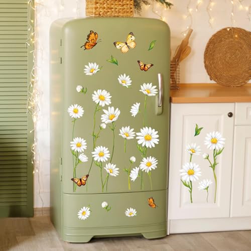 Spring Daisy Flower Wall Decal Spring White Daisy Flower Butterfly Wall Stickers Peel and Stick Room Mural Decals for Summer Party Home Nursery Bedroom Living Room Classroom Decor