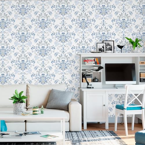 Wallpaper Peel and Stick Wallpaper for Home Decoration Kitchen Blue Wild Flower Removable Vinyl Self Adhesive Shelf Paper & Drawer Liner Roll House, Workshop & Office 17.3" x 118" TH8098-3