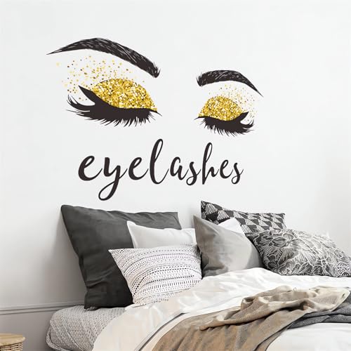 Golden Eyelash Eyes Wall Stickers, sacinora Inspirational Quotes Wall Decals Removable Vinyl Peel and Stick for Women Girl Kids Living Room Bedroom Art Home Decorations