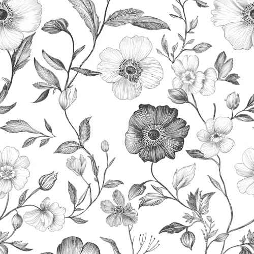 Hand Drawn Floral Contact Paper White and Black Peel and Stick Wallpaper 17.3"x120" Sketch Flower Waterproof Self Adhesive Removable Wall Paper for Countertop Furniture Bedroom
