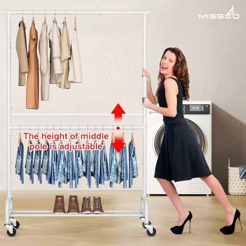 MISSLO Heavy Duty Clothing Racks for Hanging Clothes Rack Double Rod Garment Rack Rolling Closet Wardrobe on Wheels, Metal, Adjustable (White)