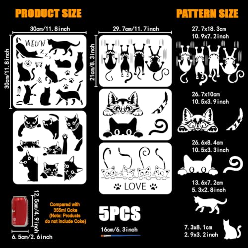 FINGERINSPIRE 5 PCS Peeking Cat Painting Stencil with 1 Pc Paint Brush Reusable 5 Styles Cat Pattern Painting Stencil Animal Cat Stencil for Painting on Wood Floor Wall Furniture DIY Home Decor