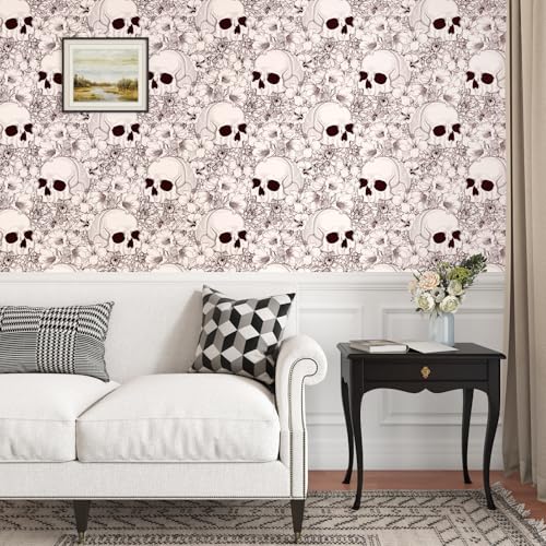 Gothic Wallpaper Skulls Ferns Peel and Stick Wallpaper Beige Brown Halloween Contact Paper for Bedroom Bathroom Living Room Cabinets 17.5"x102" Removable Waterproof Skulls Art Decor Mural