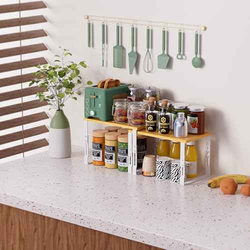 Adjustable Storage Shelves for Kitchen Cabinet Organization - Set of 2 Stackable Metal & Engineered Wood Racks, Space-Saving Design for Countertop/Pantry/Garage, Easy Assembly(2 Packs/Large/White)