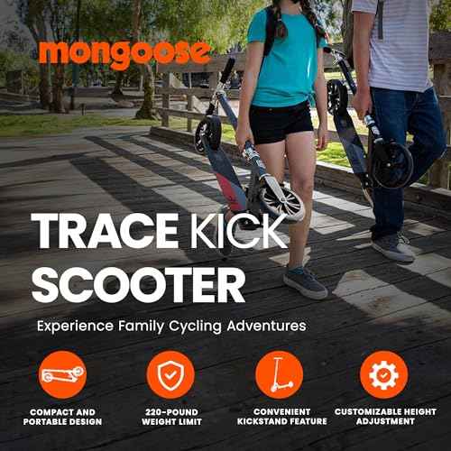 Mongoose Trace Kick Scooter for Youth Adult Boys and Girls, Quick-Release, Lightweight & Easy Folding Scooter, Bike Style Grips, Supports 176 lb Up to 220 lbs