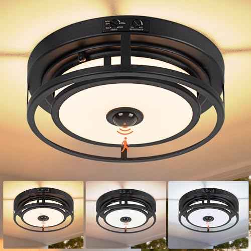 12IN Motion Sensor LED Ceiling Light, Modern Flush Mount Ceiling Light Fixtures, 3CCT 3000-5000K Dusk to Dawn Motion Sensor Outdoor Lights Waterproof for Porch Entryway Garage, Black