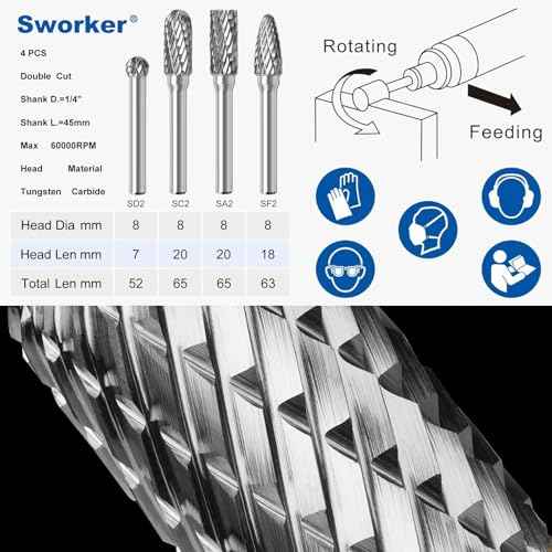 4Pcs Carbide Burr Set 1/4 Shank w/Clear Box Head Dia 8mm Die Grinder Bits Rotary Tools Attachment Kit Rasp File Accessories Metal Wood Stone Steel Grinding Deburring Cutting Porting Carving