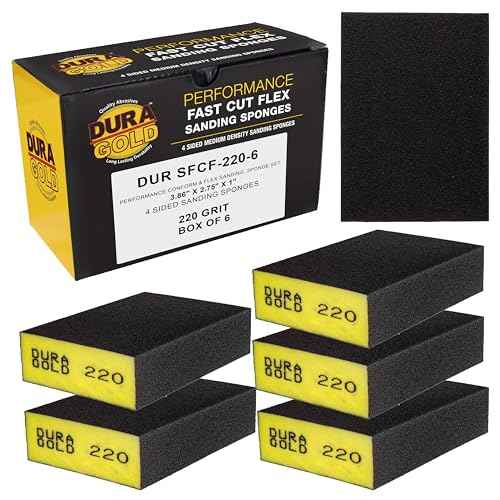Dura-Gold 220 Grit 4-Sided Hand Sanding Block Sponges, Box of 6 - Performance Flex 3.9" x 2.75" x 1" Wet or Dry Flexible Sandpaper Abrasive Brick Pads, Reusable - Sand Wood, Drywall, Metal, Auto Paint