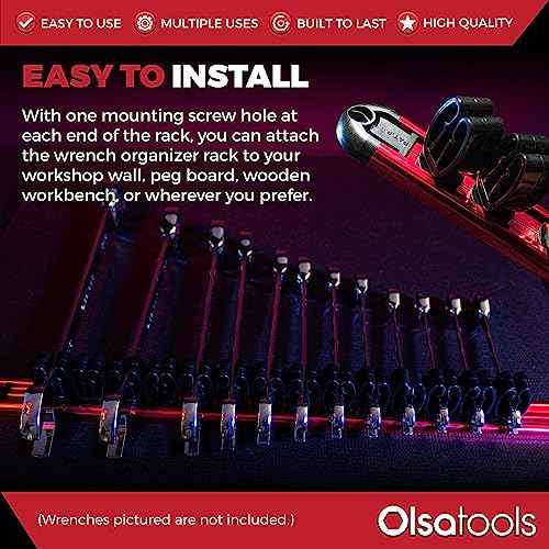 Olsa Tools Wall-Mounted Wrench Rack - Red Anodized Aluminum Rail with Black Clips - Stores 14 SAE or Metric Wrenches Securely - Professional Organizer - Part: 1028