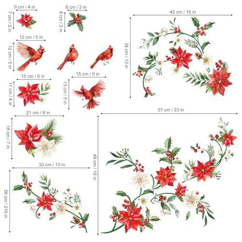 decalmile Christmas Flowers Vine Window Wall Decals Christmas Floral Red Cardinal Bird Wall Stickers Living Room Party Home Door Window Showcase Wall Decorations