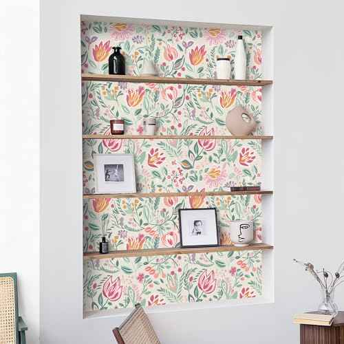 Colorful Peel and Stick Wallpaper Kids Cute Floral Contact Paper for Cabinets Self Adhesive Removable Contact Paper Fun Flower Garden Wallpaper for Bedroom Bathroom Waterproof 17.3inW 78.7inL