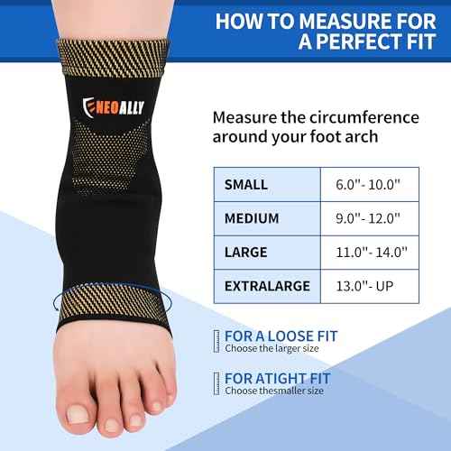NeoAlly Copper Ankle Support Brace Compression Sleeve with Silicone Gel Reduce Foot Swelling Pain Relief from Plantar Fasciitis and Achilles Tendon (Medium - 1 Pair)