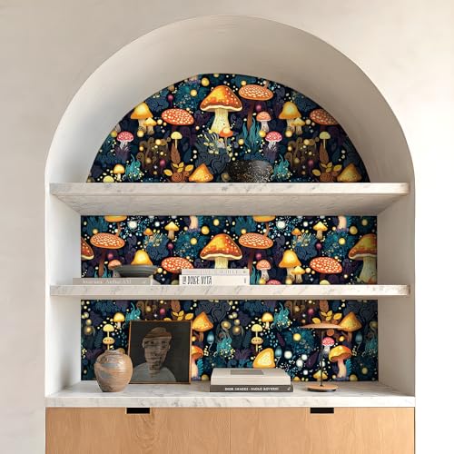 FunStick Gold Dark Blue Mushroom Wallpaper Peel and Stick Boho Woodland Botanical Wall Paper for Bedroom Bathroom Kids Room Wall Mural Colorful Orange Self Adhesive Mushroom Contact Paper for Cabinets